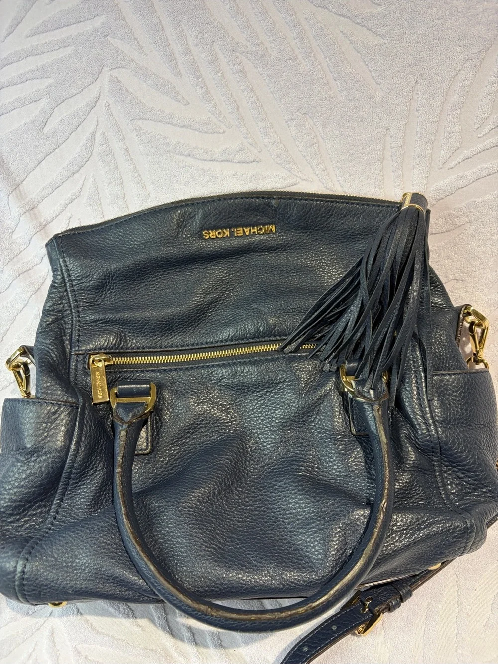 Michael Kors Navy Pebbled Leather Shoulder Bag with Gold Hardware